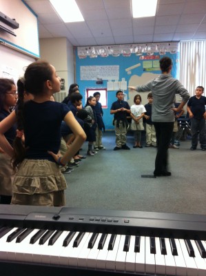 Beth Ann Namey teaching a group of Outreach students about ballet. Photo courtesy of Ballet San Jose.